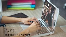  Presentation with business communication - Presentation theme featuring hands-of-caucasian-businesswoman-making background and a  colored foreground