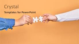  Presentation with connecting people - PPT theme consisting of hands-of-caucasian-young-people background and a yellow colored foreground