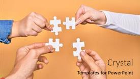  Presentation with connecting people - Slides enhanced with hands-of-caucasian-young-people background and a coral colored foreground