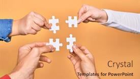  Presentation with connecting people - Cool new PPT theme with hands-of-caucasian-young-people backdrop and a coral colored foreground