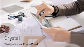  Presentation with electronic engineer - Presentation theme consisting of hands-of-contemporary-male-engineer background and a mint green colored foreground