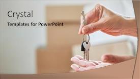  Presentation with new home - Presentation theme featuring hands-of-couple-hold-keys background and a coral colored foreground
