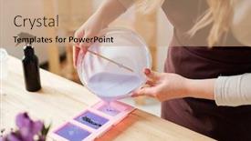  Presentation with molds - Cool new slide set with hands of craftswoman in apron pouring lilac liquid soap mass into silicone molds during master class backdrop and a coral colored foreground