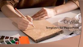  Presentation with sketching - Presentation theme featuring hands of creative fashion designer sketching in notepad while sitting by desk in workshop background and a coral colored foreground