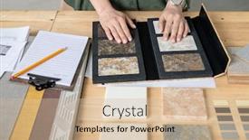  Presentation with new order - Presentation design enhanced with hands-of-designer-on-samples background and a soft green colored foreground