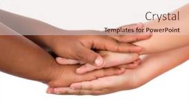  Presentation with joint venture hand together - Colorful slide set enhanced with hands-of-different-races-together backdrop and a lemonade colored foreground