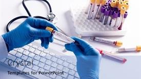  Presentation with research services - Slide deck having hands-of-doctor-holding-vial background and a teal colored foreground