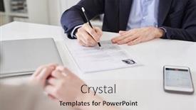  Presentation with resume - Colorful PPT theme enhanced with hands-of-elegant-employer backdrop and a soft green colored foreground