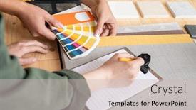  Presentation with new order - Colorful presentation theme enhanced with hands-of-female-designer-holding backdrop and a soft green colored foreground