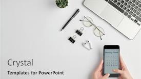  Presentation with planner - Audience pleasing slide deck consisting of hands-of-female-employee-holding backdrop and a light gray colored foreground