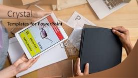  Presentation with hands holding black tablet - Cool new presentation theme with hands-of-female-managers backdrop and a coral colored foreground