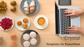  Presentation with blogger - Theme consisting of hands of food blogger with laptop and different products on table background and a coral colored foreground