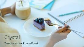  Presentation with cappuccino - PPT theme with hands-of-girl-holding-fork background and a sky blue colored foreground