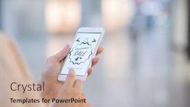  Presentation with christmas sale - Beautiful slide deck featuring hands of girl holding smartphone and going to enter online shop to look through christmas sale items backdrop and a coral colored foreground