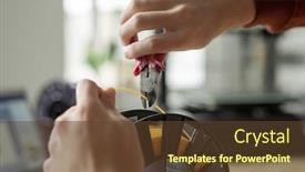  Presentation with yellow color - Presentation design consisting of hands-of-guy-with-nippers background and a tawny brown colored foreground