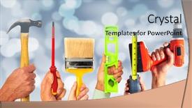  Presentation with handyman - Colorful theme enhanced with hands of handyman with tools house renovation and construction backdrop and a light blue colored foreground