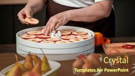  Presentation with kiwi fruit - Colorful slides enhanced with hands-of-housewife-putting-slices backdrop and a tawny brown colored foreground