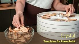  Presentation with pear - Colorful presentation theme enhanced with hands-of-housewife-taking-dried backdrop and a tawny brown colored foreground