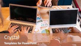  Presentation with intercultural - Beautiful PPT theme featuring hands of intercultural students pressing keys of laptop keypads while sitting by table and getting ready for seminar backdrop and a coral colored foreground