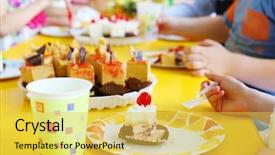  Presentation with cake brownies for kids - PPT theme consisting of hands of kids eating delicious background and a yellow colored foreground