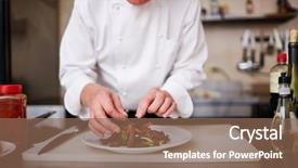  Presentation with salad - Slide deck featuring hands of male chef decorating background and a violet colored foreground