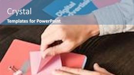  Presentation with hands down - Slide deck featuring hands-of-male-office-manager background and a teal colored foreground