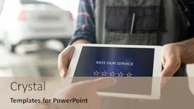  Presentation with five stars - Colorful presentation design enhanced with hands-of-male-worker backdrop and a coral colored foreground