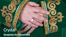  Presentation with green gold - Amazing PPT layouts having hands of man in green oriental clothes embroidered with gold backdrop and a forest green colored foreground