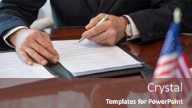  Presentation with contract - Amazing presentation theme having hands-of-mature-american-delegate backdrop and a tawny brown colored foreground
