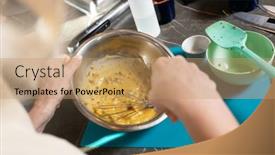  Presentation with metallic - Beautiful presentation design featuring hands-of-mature-female-mixing backdrop and a coral colored foreground