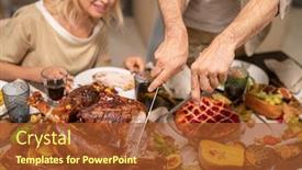  Presentation with thanksgiving dinner - Beautiful slide deck featuring hands-of-mature-man-cutting backdrop and a tawny brown colored foreground