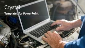  Presentation with technical service - PPT theme consisting of hands of mature master of car repair service over keyboard of laptop during search of technical information background and a dark gray colored foreground