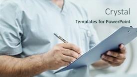  Presentation with medical clipboard - Presentation design featuring hands-of-mature-mixed-race background and a sky blue colored foreground