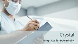  Presentation with medical clipboard - Beautiful slide deck featuring hands-of-mature-mixed-race backdrop and a sky blue colored foreground