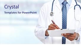  Presentation with medical clipboard - Colorful slide set enhanced with hands of medical doctor man backdrop and a sky blue colored foreground