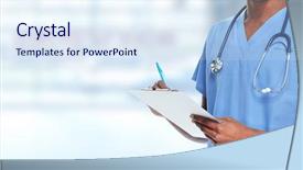  Presentation with medical clipboard - Audience pleasing theme consisting of hands of medical doctor man backdrop and a sky blue colored foreground