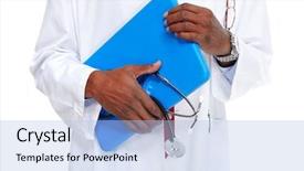  Presentation with medical clipboard - Amazing PPT theme having hands of medical doctor with a clipboard isolated white backdrop and a light blue colored foreground