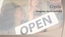  Presentation with open door - Audience pleasing presentation theme consisting of hands-of-owners-of-cafe backdrop and a soft green colored foreground