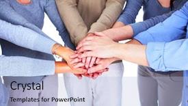  Presentation with team hands - Slide deck with hands of people business team background and a light blue colored foreground