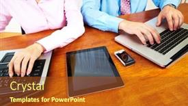  Presentation with technology - Beautiful presentation featuring hands-of-people-working backdrop and a tawny brown colored foreground