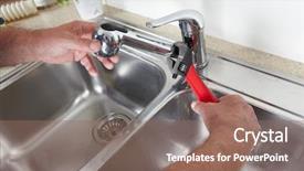  Presentation with water tap - Presentation theme with hands of professional plumber with a water tap and wrench background and a coral colored foreground