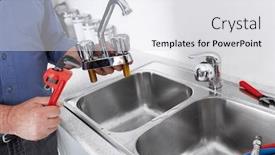 Presentation with water tap - Colorful PPT layouts enhanced with hands of professional plumber with a water tap and wrench backdrop and a light gray colored foreground