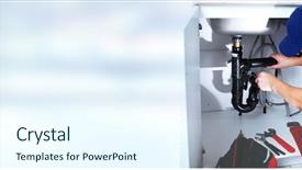  Presentation with clogged - Beautiful PPT theme featuring plumbing services - hands of professional plumber backdrop and a cool aqua colored foreground