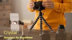  Presentation with professional - Beautiful slide set featuring hands-of-professional-stock-photographer backdrop and a tawny brown colored foreground