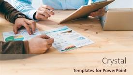  Presentation with data meeting - Cool new slide set with hands of two young financiers sitting by workplace and discussing financial papers and data at working meeting backdrop and a lemonade colored foreground