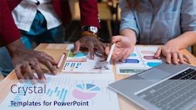  Presentation with discussion - Presentation theme featuring hands of two young multicultural employees over financial papers during discussion of diagram at working meeting background and a light blue colored foreground