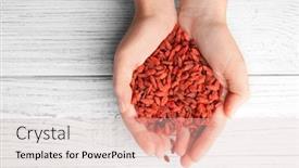  Presentation with goji - Colorful slide deck enhanced with hands of woman holding red dried goji berries on wooden background backdrop and a lemonade colored foreground