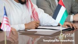  Presentation with partnership - Audience pleasing presentation theme consisting of hands-of-young-arabian-businessman backdrop and a violet colored foreground