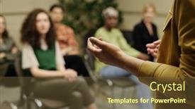  Presentation with employees - PPT layouts consisting of hands-of-young-business-coach background and a tawny brown colored foreground