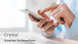  Presentation with smartphone - Amazing presentation theme having hands of young businessman pointing at smartphone screen over laptop keypad while using mobile gadgets at work backdrop and a light gray colored foreground